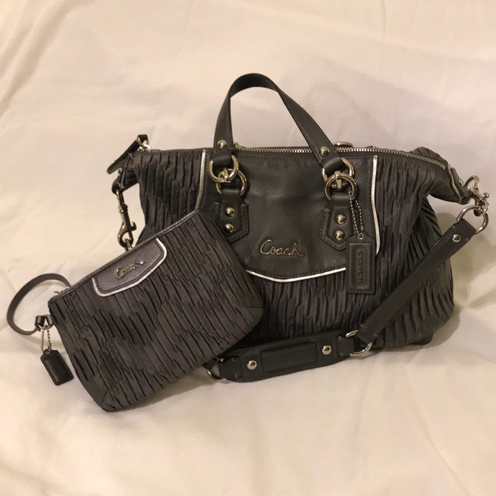 Coach Gray Pleated Satin Satchel & Matching Clutch